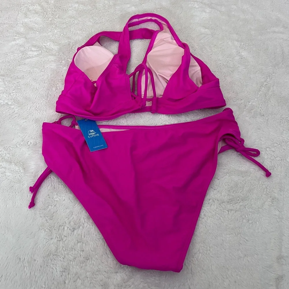Cupshe‎ Women's Fuchsia Pink Bikini Set High Waisted Side Tie Size Large NWT